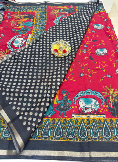 Kalamkari Printed Silk Blend Saree for Women with Artistic Border and Traditional Ethnic Design