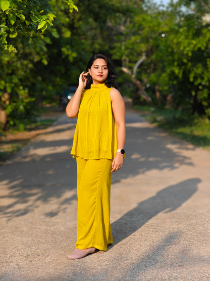 Yellow Dobby Chiffon Sleeveless Co-Ord Set for Women – Solid Halter Top with Flared Pants