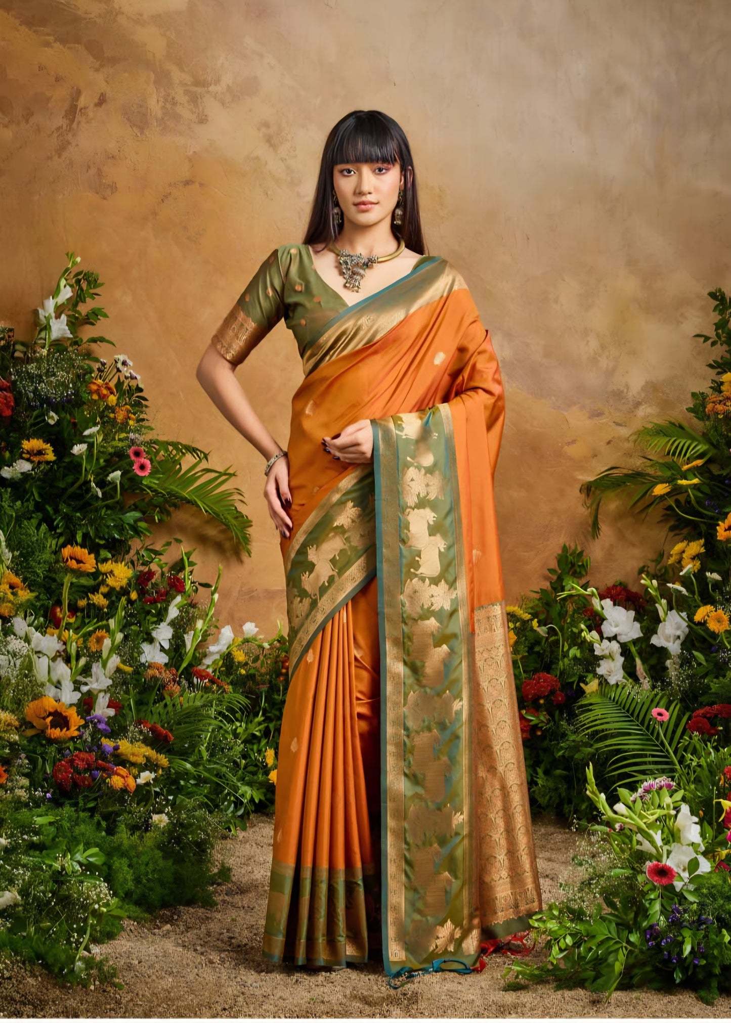 Handloom styled Silk Pichwai Saree with Woven Border and Contrast Blouse
