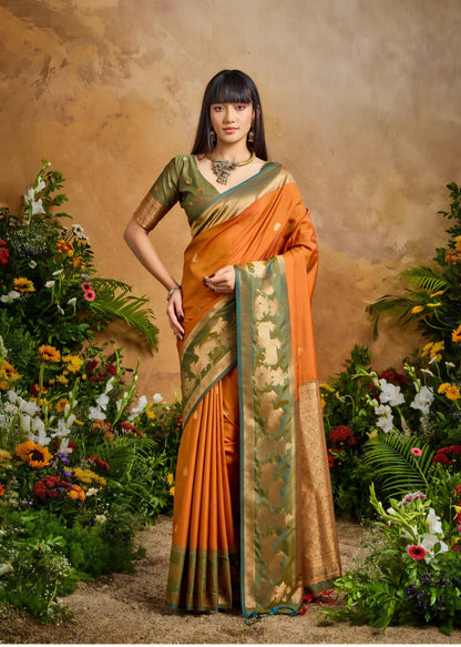 Handloom styled Silk Pichwai Saree with Woven Border and Contrast Blouse