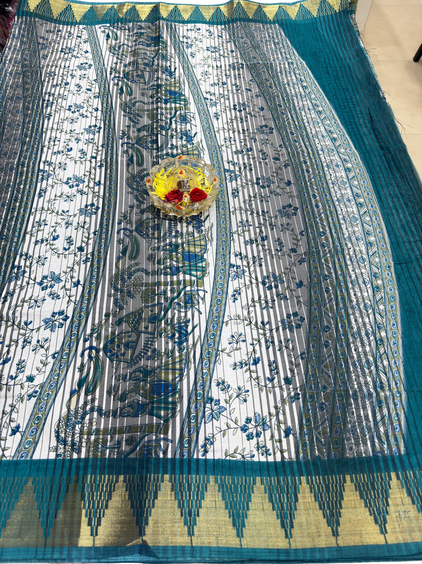 Printed Silk Blend Saree for Women with Temple Border and Traditional Ethnic Design