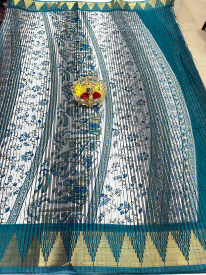Printed Silk Blend Saree for Women with Temple Border and Traditional Ethnic Design