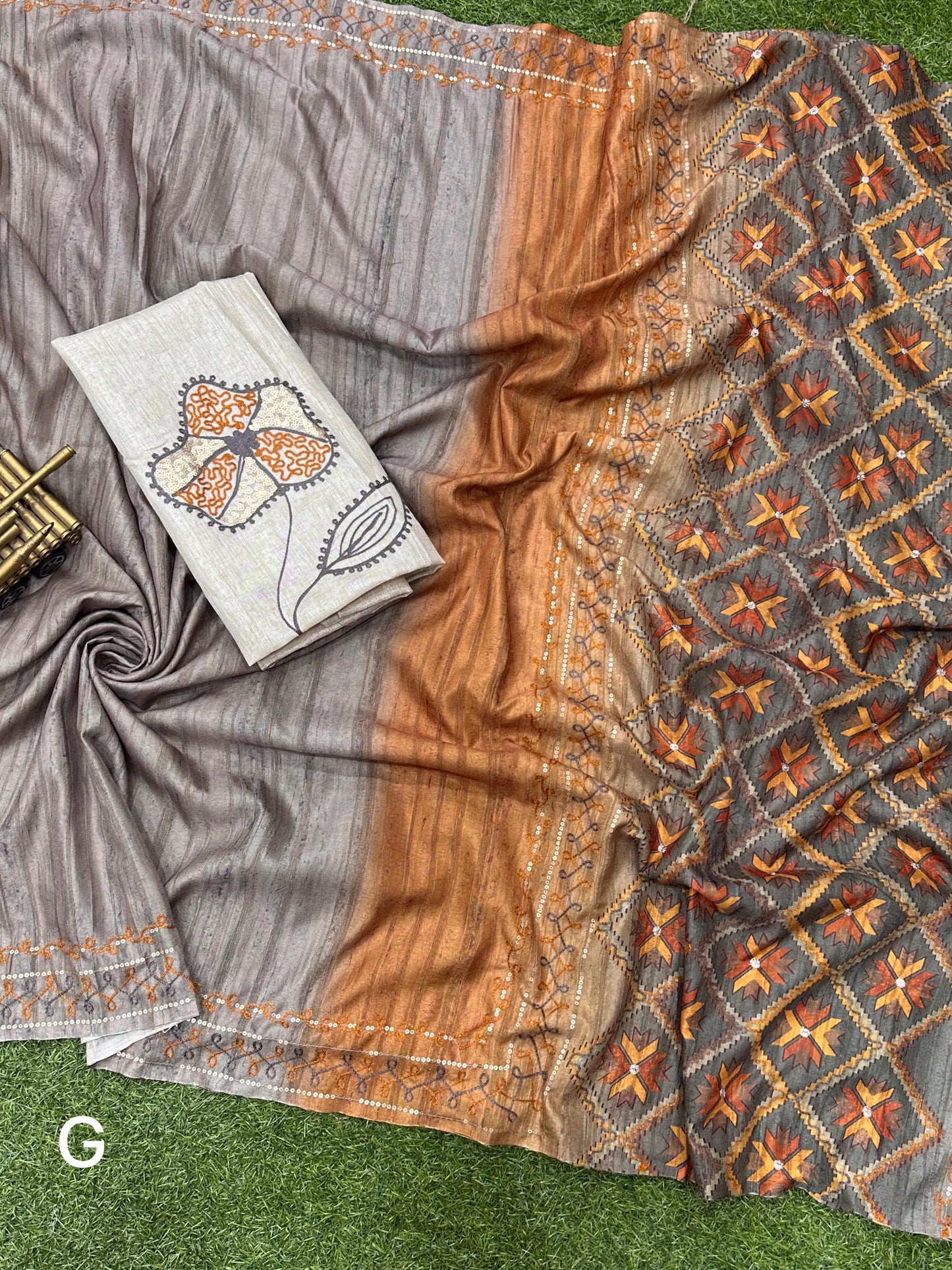 Air Silk Saree with Digital Ajrakh Print, Khatha Work and Sequins – Designer Blouse Included