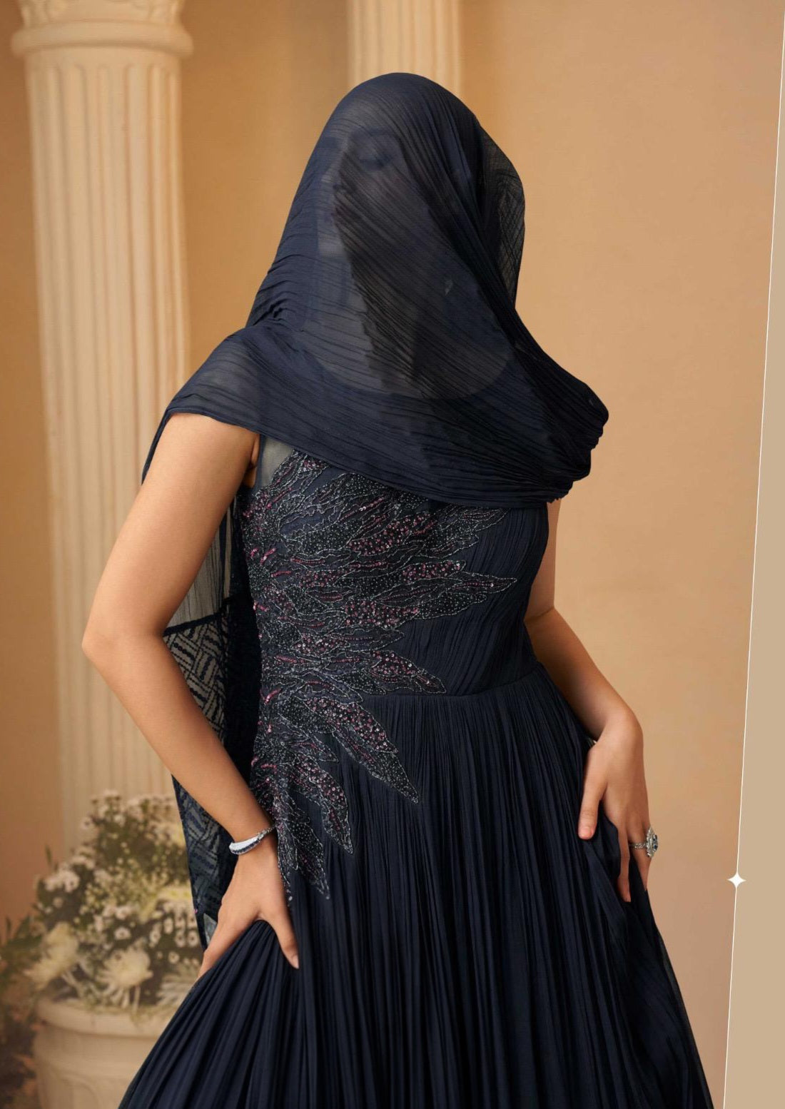 Navy blue real chinon hand-embroidered gown with cancan for wedding & reception
