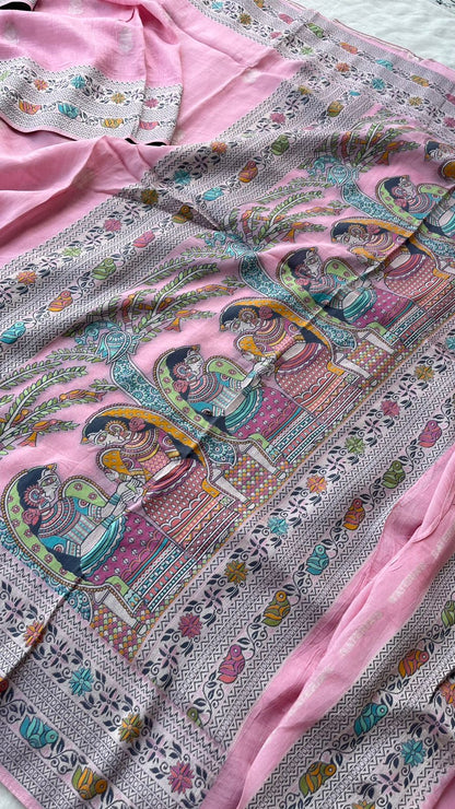 Pure Kora Silk Banarasi Meena Zari Weaving Saree with Blouse Piece – Pink Traditional Festive Wear