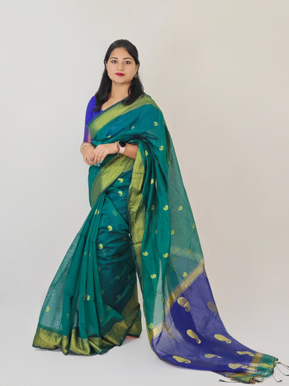 Maheshwari Silk Cotton Saree with Mango Butta Motifs & Gold Zari Border