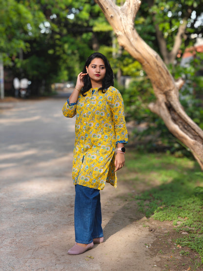 Yellow Cotton Floral Printed Empire Tunic for Women with Button Front – S to 3XL
