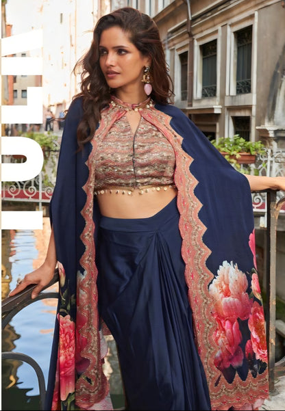 French Crepe Silk Jacket Blouse Dhoti Set with Handwork for Wedding Wear