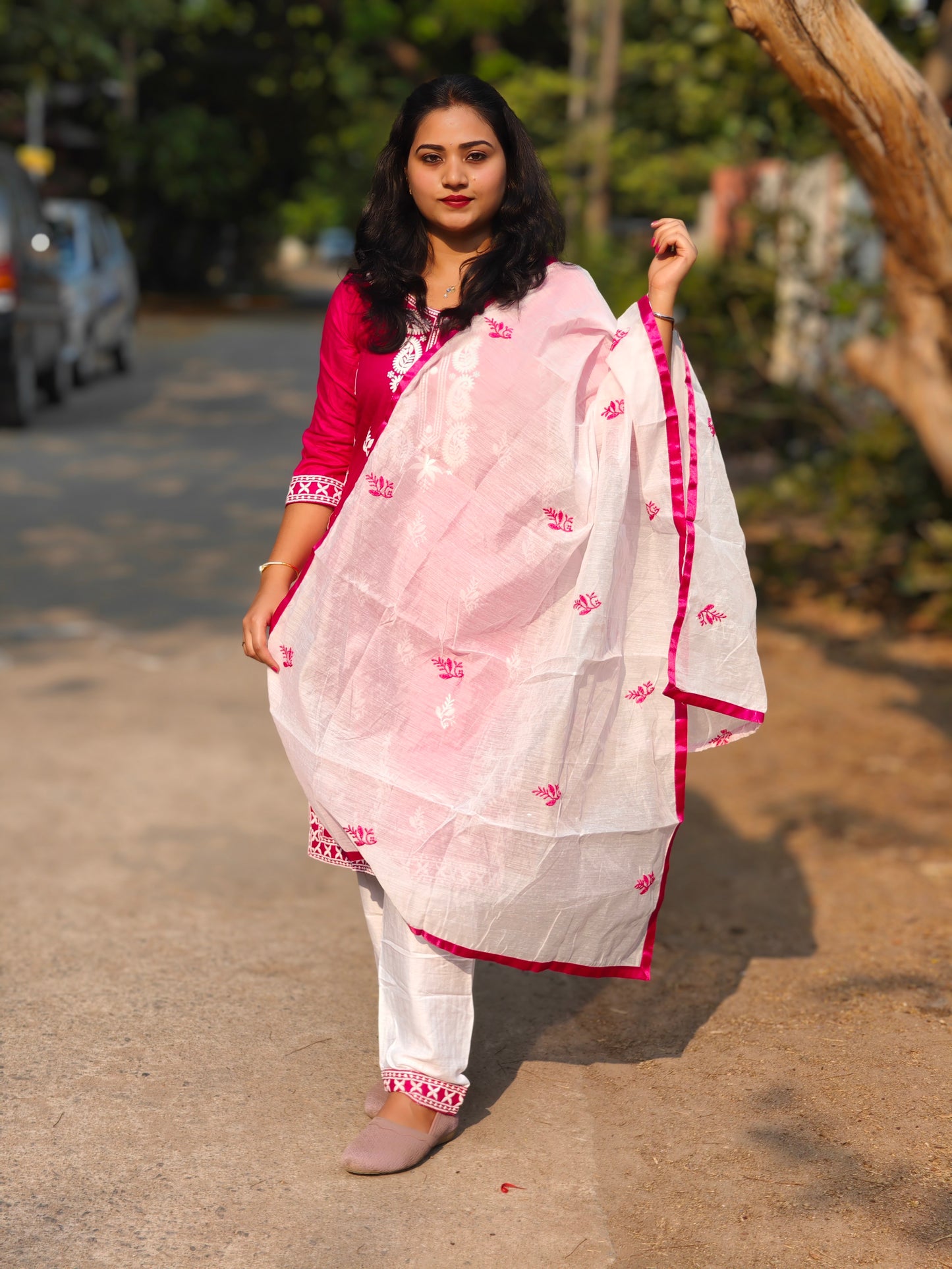 Designer kurti pant dupatta set for women in 14 kg rayon with cotton embroidery and chanderi silk dupatta