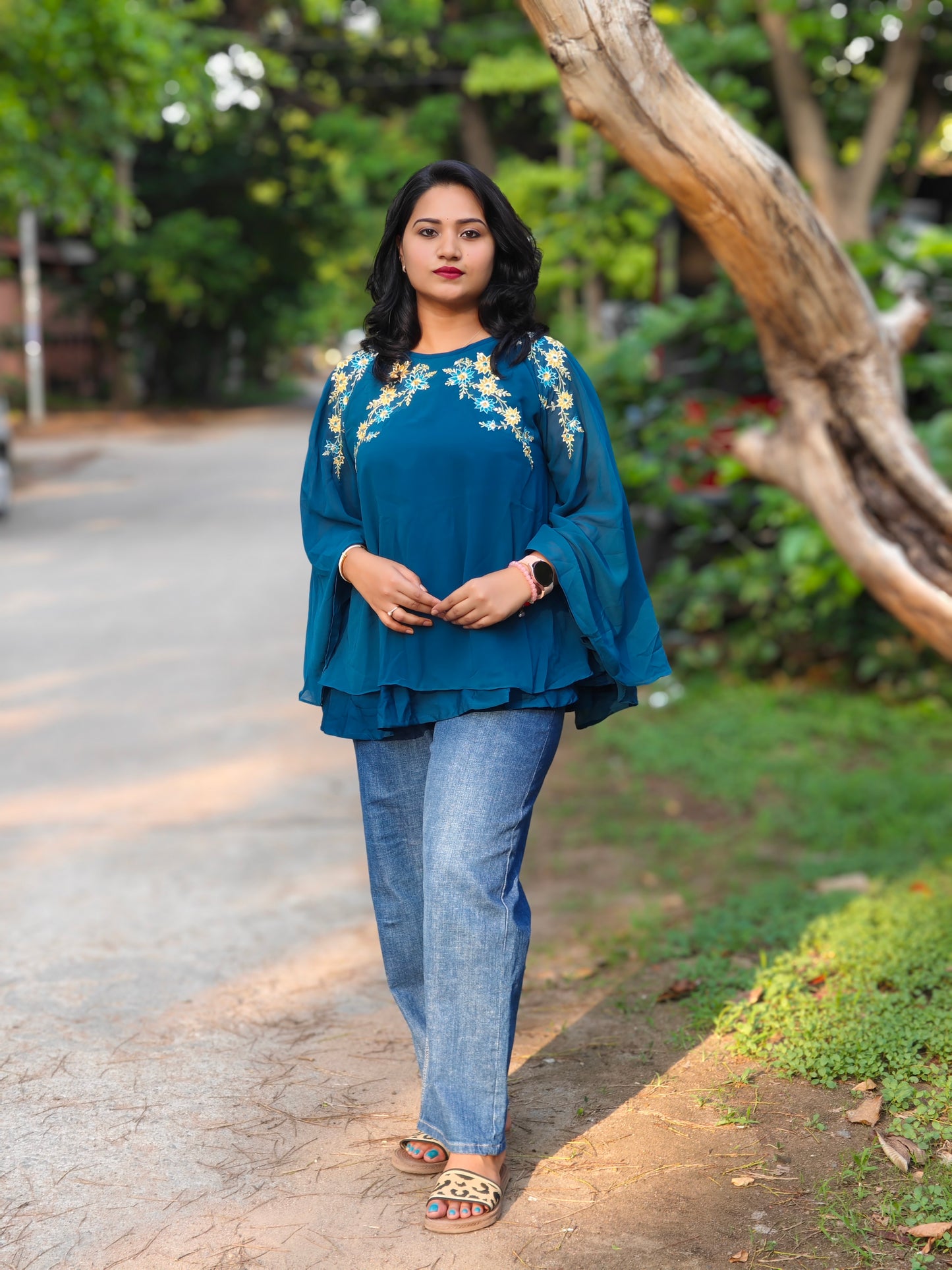 Teal Blue Georgette Embellished A-Line Top for Women – Floral Embroidery, Sizes S to 3XL