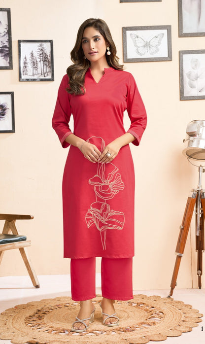 Satin lycra co-ord set for women with embroidered top and straight pants