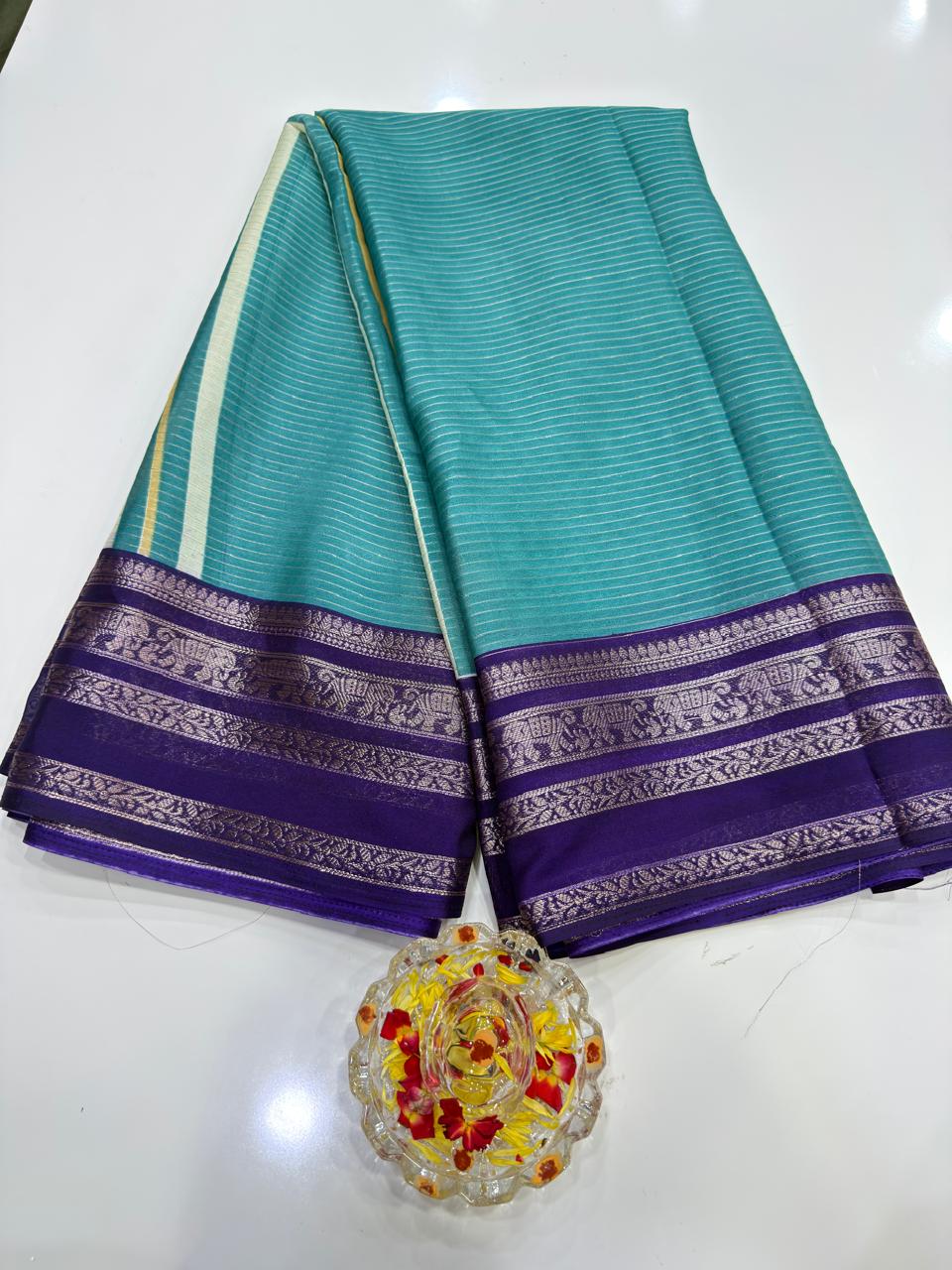 Munga Crape Silk Saree for Women with Contrast Woven Border and Traditional Stripe Design