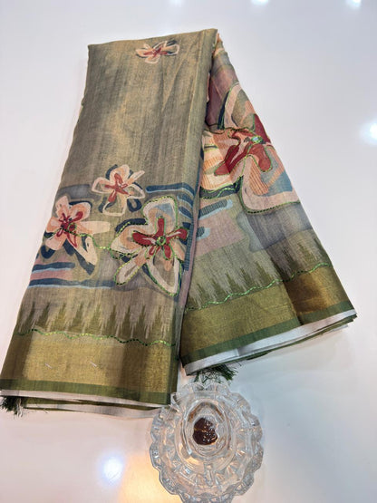 Erode Cotton Printed Saree with Aari Work and Tassel Pallu with Blouse Piece for Women
