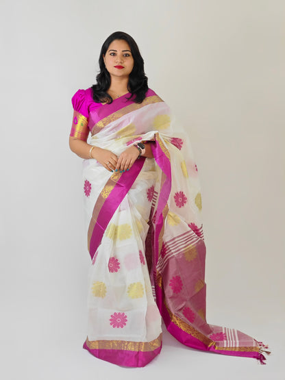 Matka Tussar Silk Saree with Golden Zari Weaving and Velvet Border