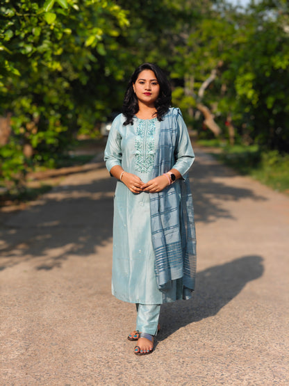 Turquoise Poly Silk Kurta with Pant and Dupatta – Thread Work Suit Set for Women XL & XXL