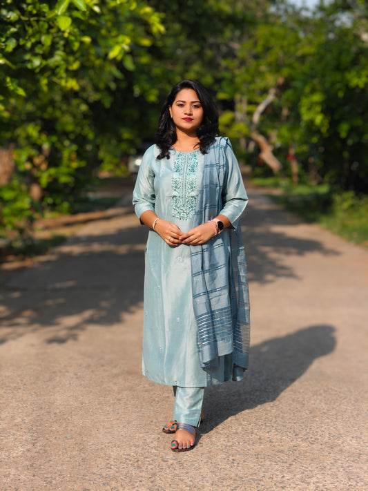 Turquoise Poly Silk Kurta with Pant and Dupatta – Thread Work Suit Set for Women XL & XXL