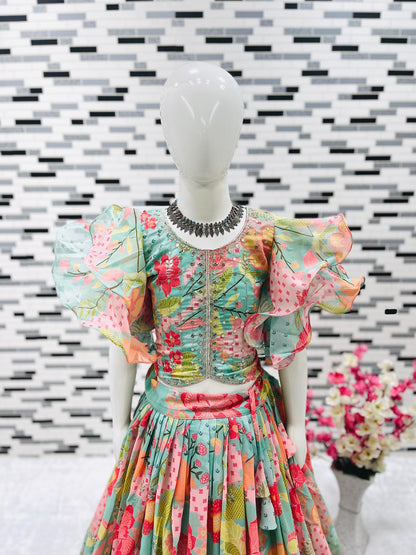 Girls’ Heavy Fox Georgette Lehenga Choli with Digital Print and Sequins Embroidery – Stitched Kids Ethnic Wear