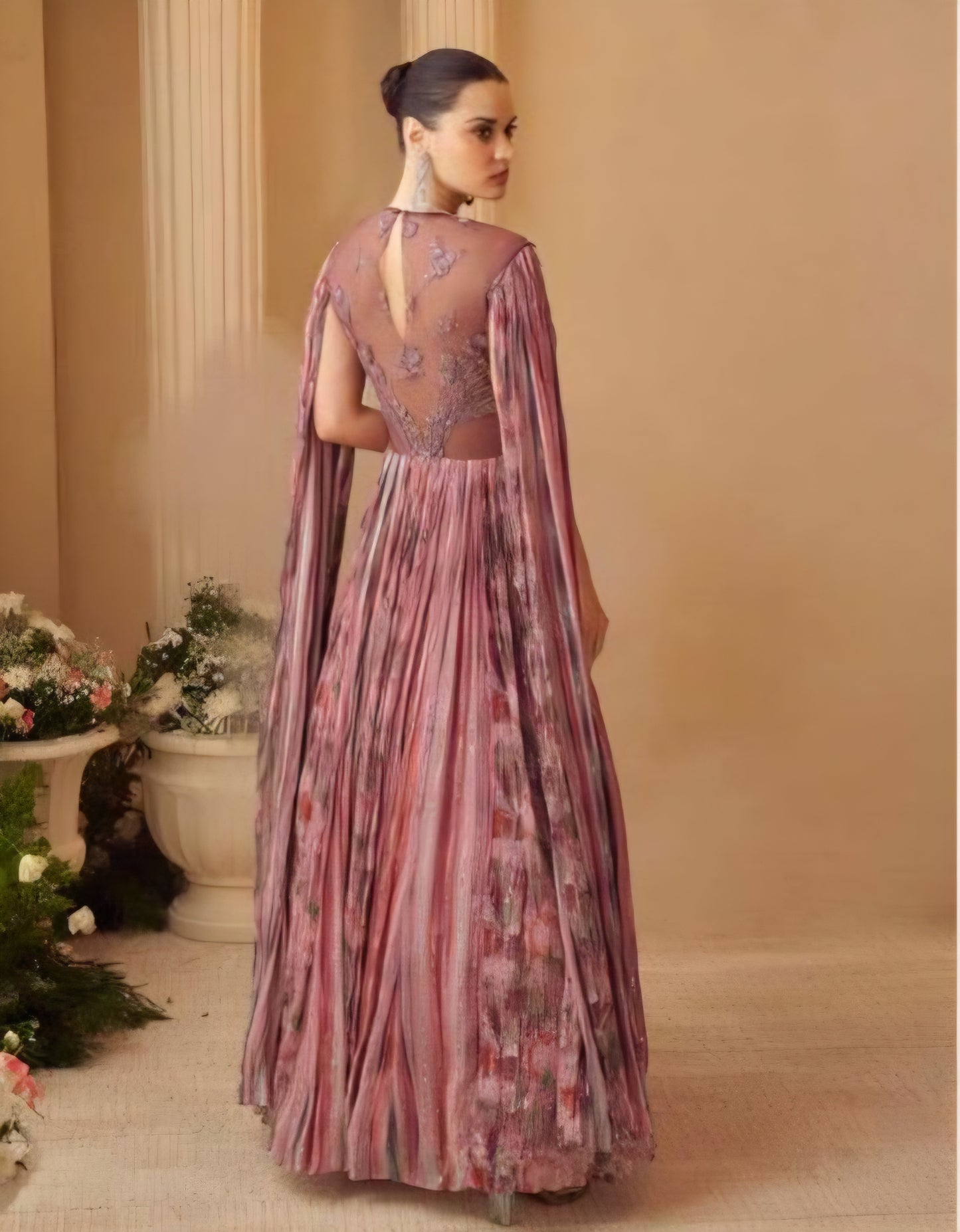 Pink real chinon hand-embroidered gown with cape sleeves and cancan