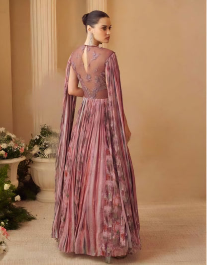 Pink real chinon hand-embroidered gown with cape sleeves and cancan