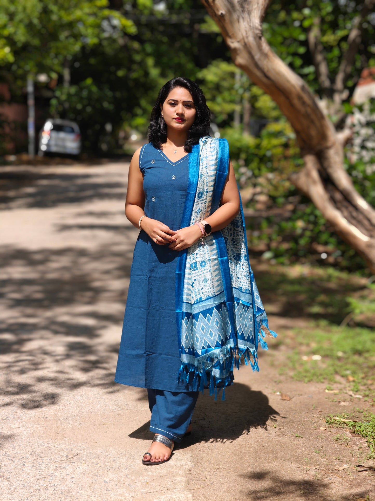 Cotton Slub Kurti with Hand Kantha Work, Pants and Cotton Silk Dupatta – Women’s Ethnic Set