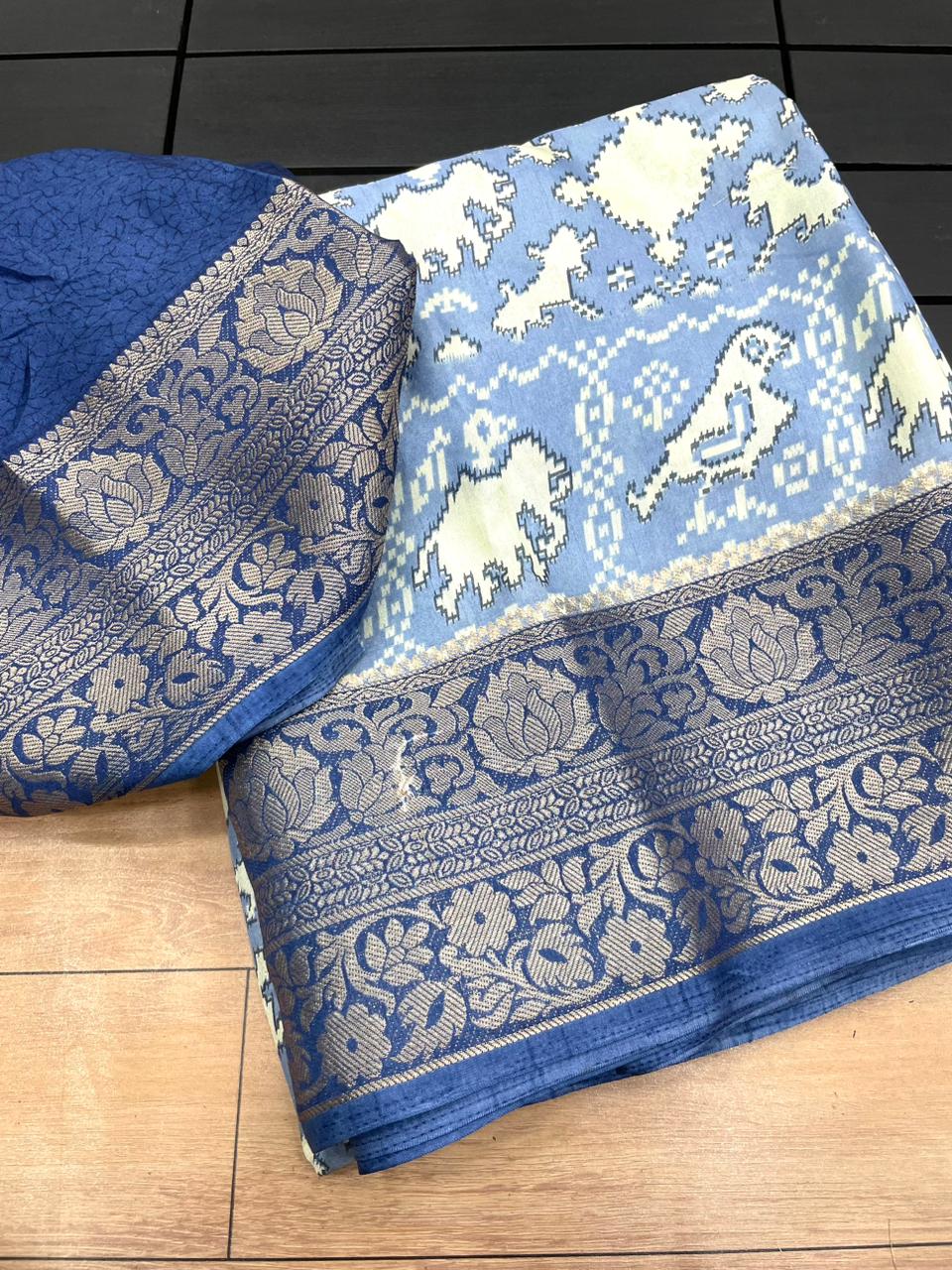 Premium Crepe Silk Printed Saree with Weaving Viscose Border and Running Blouse