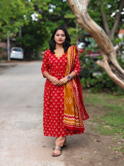 Cotton Sanganeri Print Anarkali Suit Set with Adda, Less & Tubelight Work – Sizes M to XXL