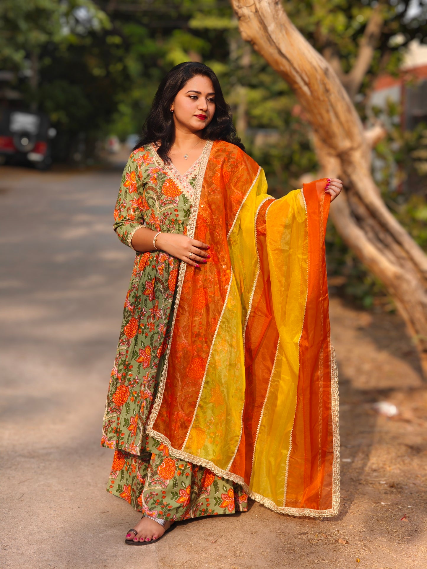 Green Cotton Ethnic Printed Kurta with Flared Palazzo and Dupatta – Sizes L & XL