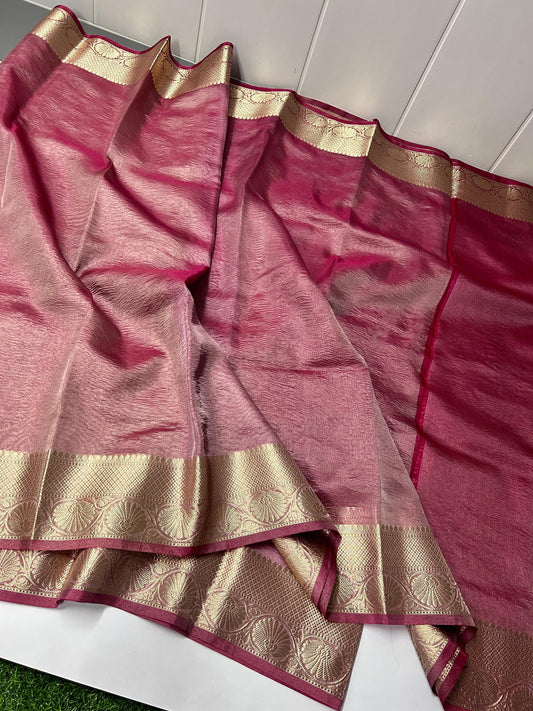 Banarasi Tissue Crush Soft Silk Saree with Rich Pallu and Plain Blouse for Women