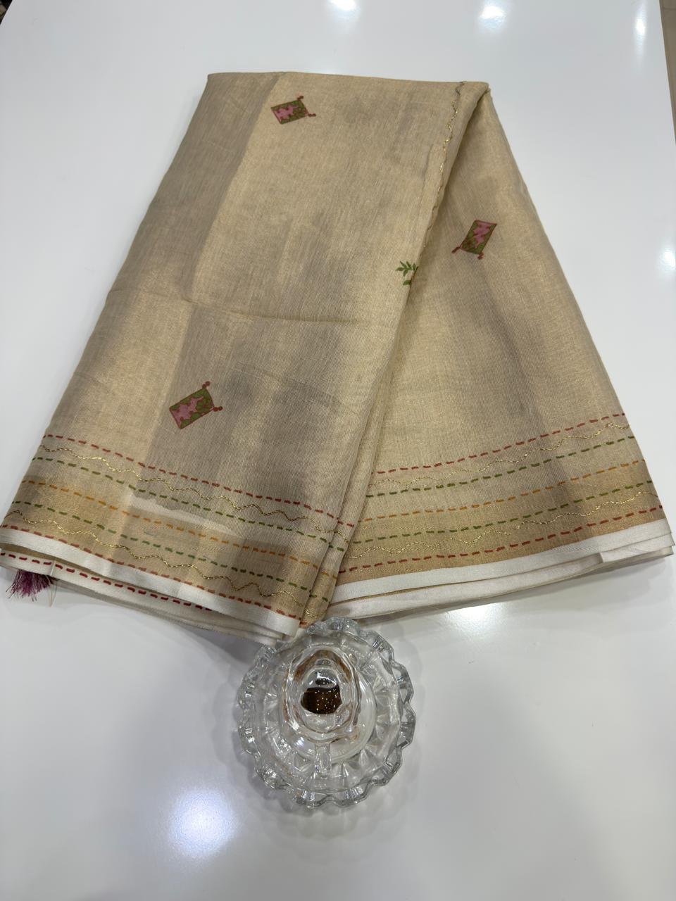 Erode Cotton Printed Saree with Aari Work and Tassel Pallu with Blouse Piece for Women