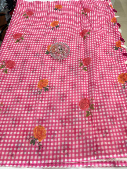 Linen Checks Printed Saree with Rose Floral Design and Matching Blouse for Women