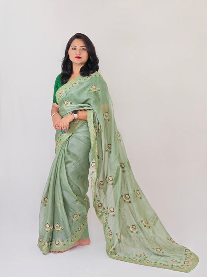 Fancy Simmar Chiffon Saree with Multi Zari Embroidery & Art Silk Butti Embroidery Blouse