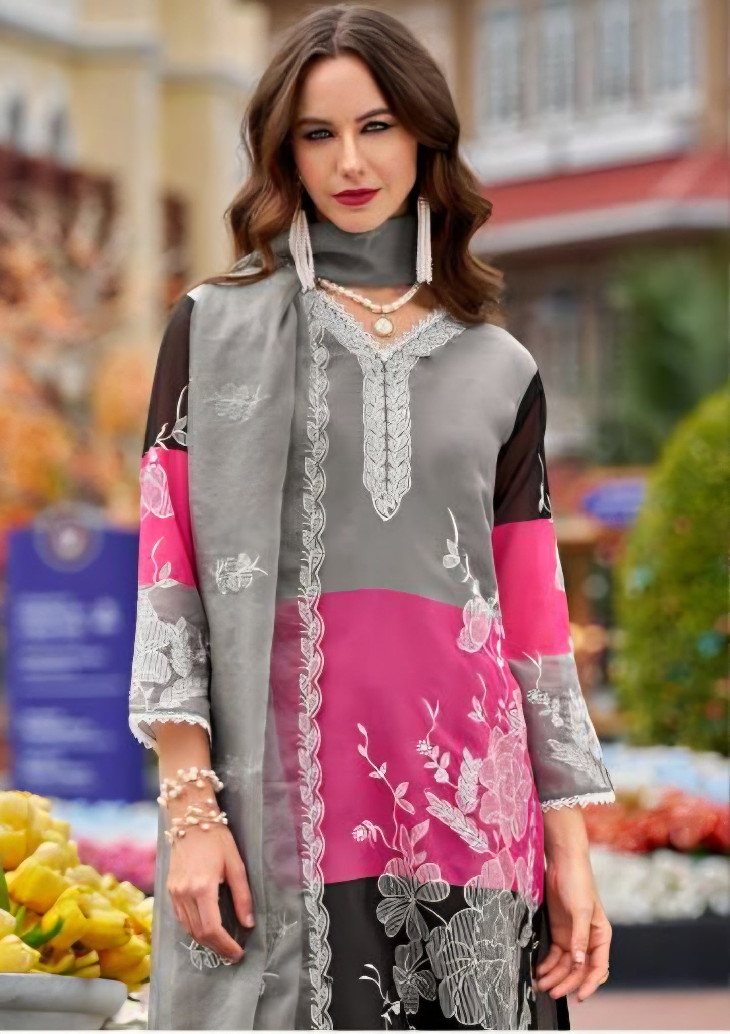 Women’s organza digital print kurta set with embroidery, silk pant and organza dupatta, plus size XXL-3XL