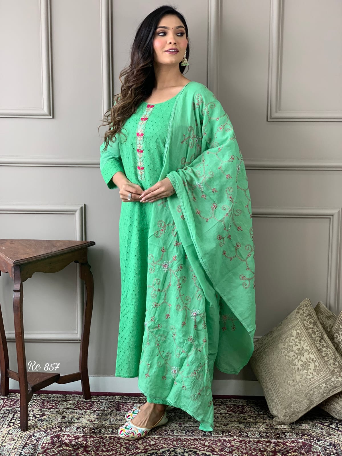 Cotton Schiffli Chikankari Kurta Set with Pants and Printed Silk Dupatta – Women’s Ethnic Wear