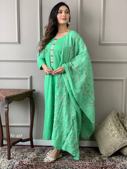 Cotton Schiffli Chikankari Kurta Set with Pants and Printed Silk Dupatta – Women’s Ethnic Wear