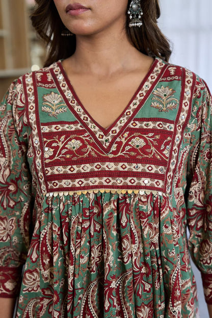 Cotton Kalamkari Printed Kurti Pant Set with Kota Doria Dupatta for Women, V-Neck Straight Kurta Ethnic Set