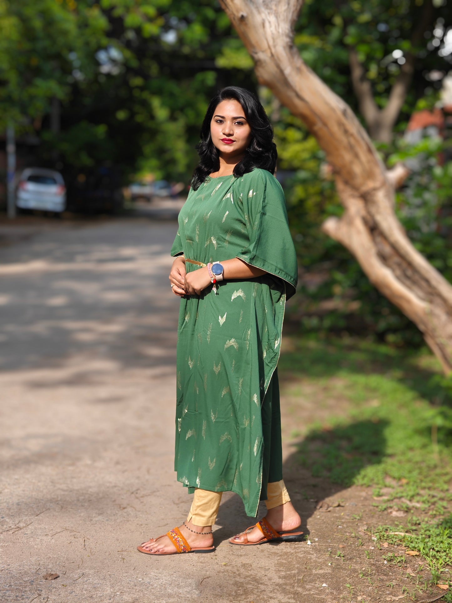 Women’s Green Embellished Kaftan Dress with Waist Tie – Sizes S to L