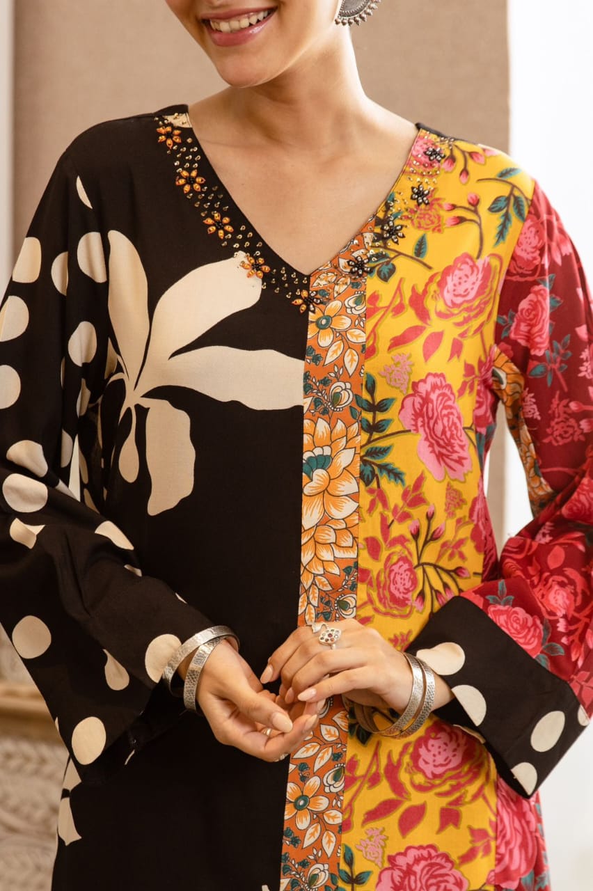 German rayon kurta palazzo set for women with printed detailing work