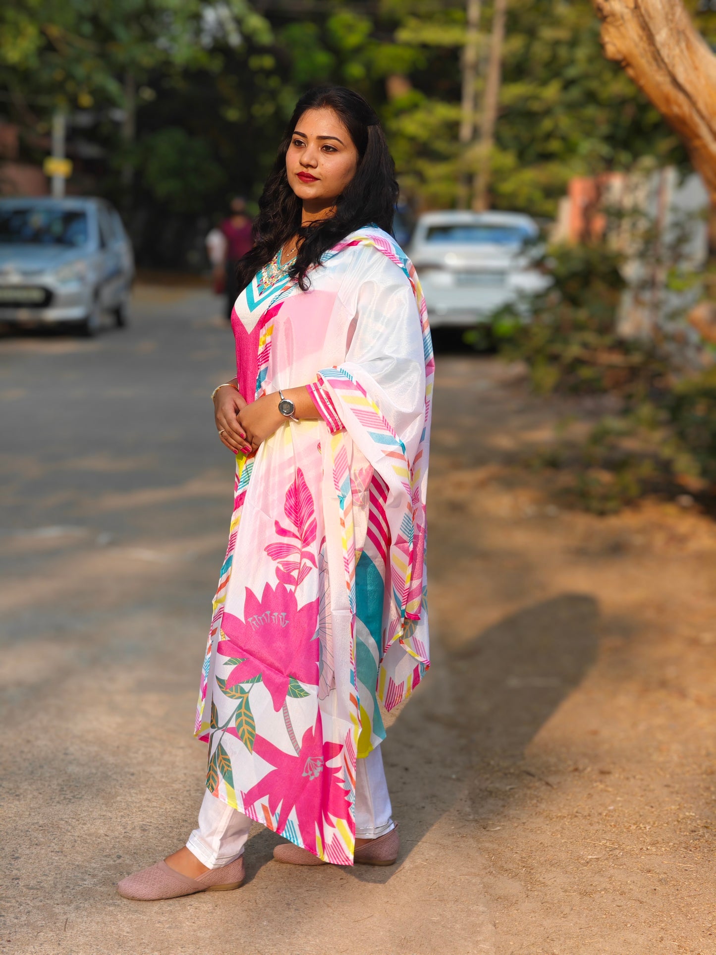 Multicolor Chinon Suit Set with Mirror and Jari Handwork for Women