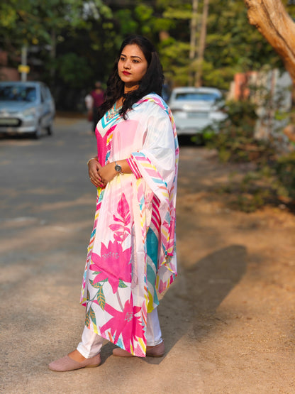 Multicolor Chinon Suit Set with Mirror and Jari Handwork for Women