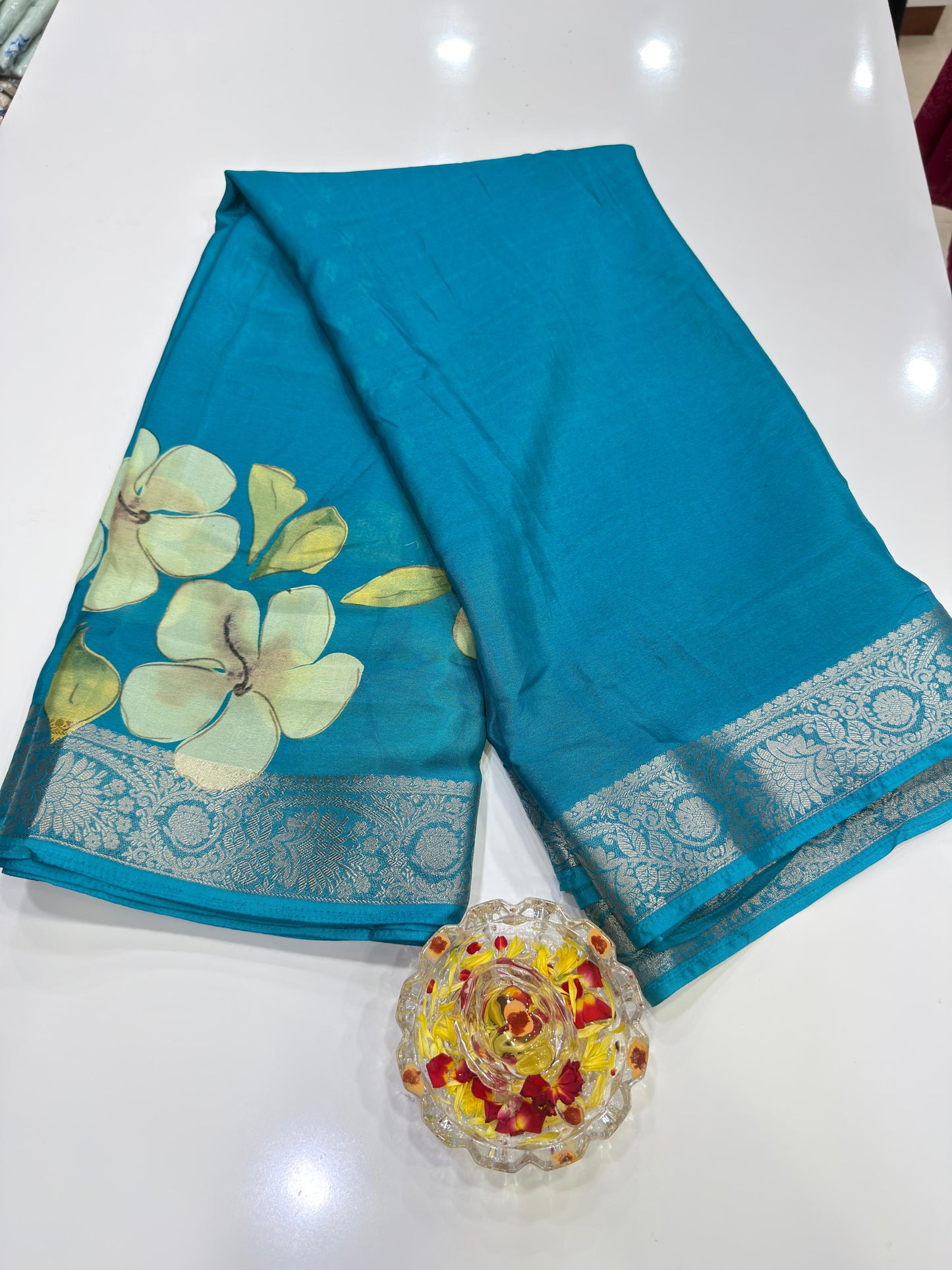 Floral Printed Semi Silk Saree for Women with Woven Border and Elegant Ethnic Design
