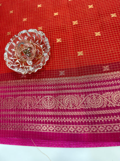 Munga pattu silk blend saree with small buti checks and zari border, women’s festive wear saree