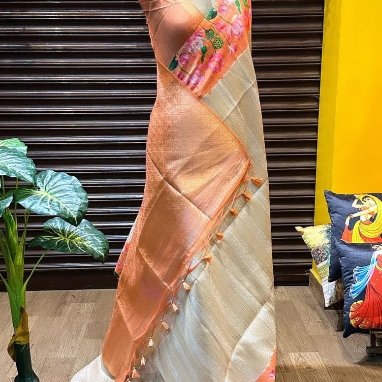 Soft Silk Saree with Pichwai Lotus Print Contrast Border, Rich Zari Pallu, and Blouse Piece