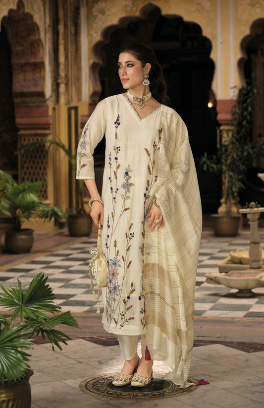 Women’s mul chanderi viscose kurta pant dupatta set with designer kantha work and handwork, muslin bottom, XL-3XL