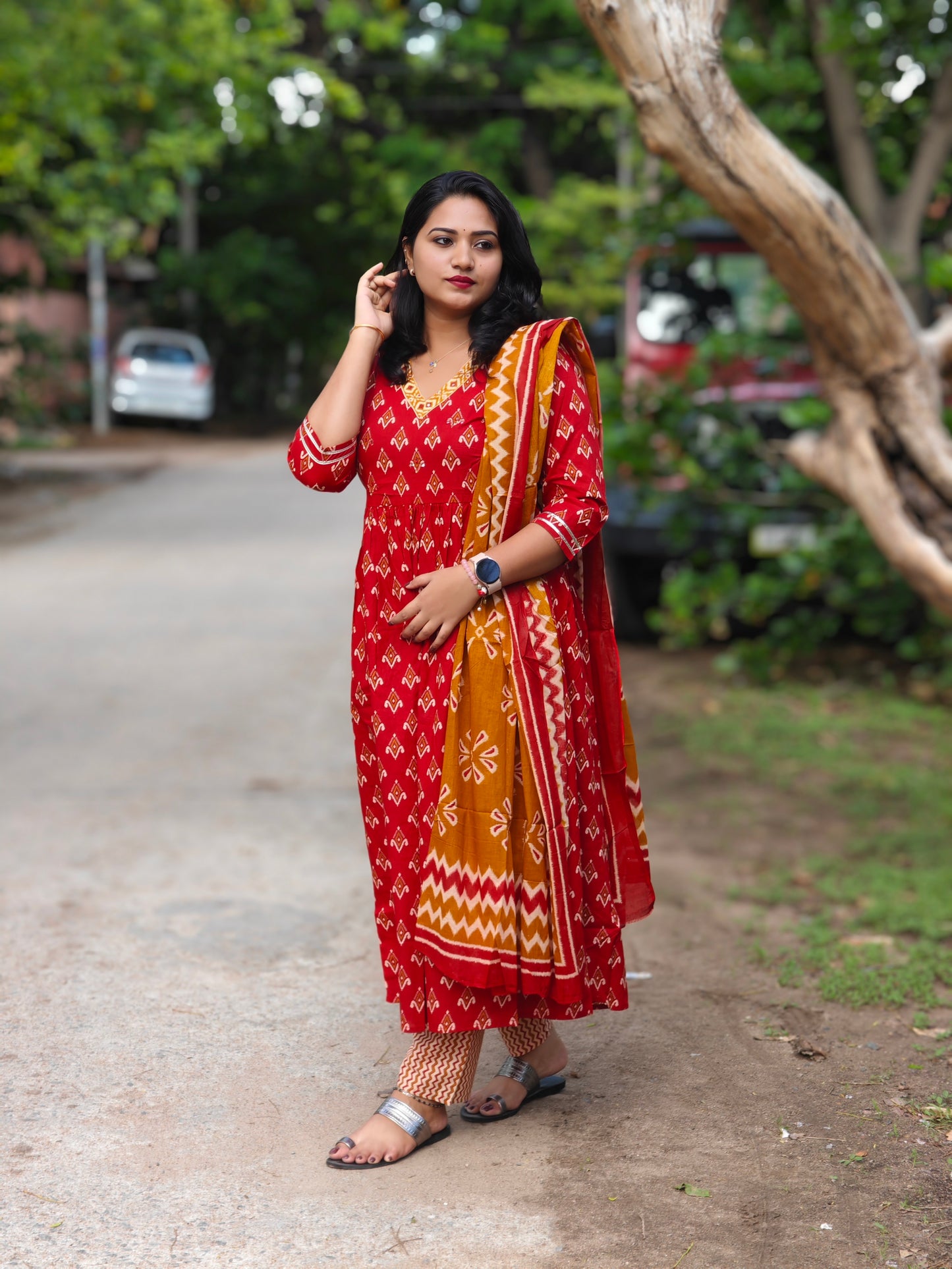 Cotton Sanganeri Print Anarkali Suit Set with Adda, Less & Tubelight Work – Sizes M to XXL