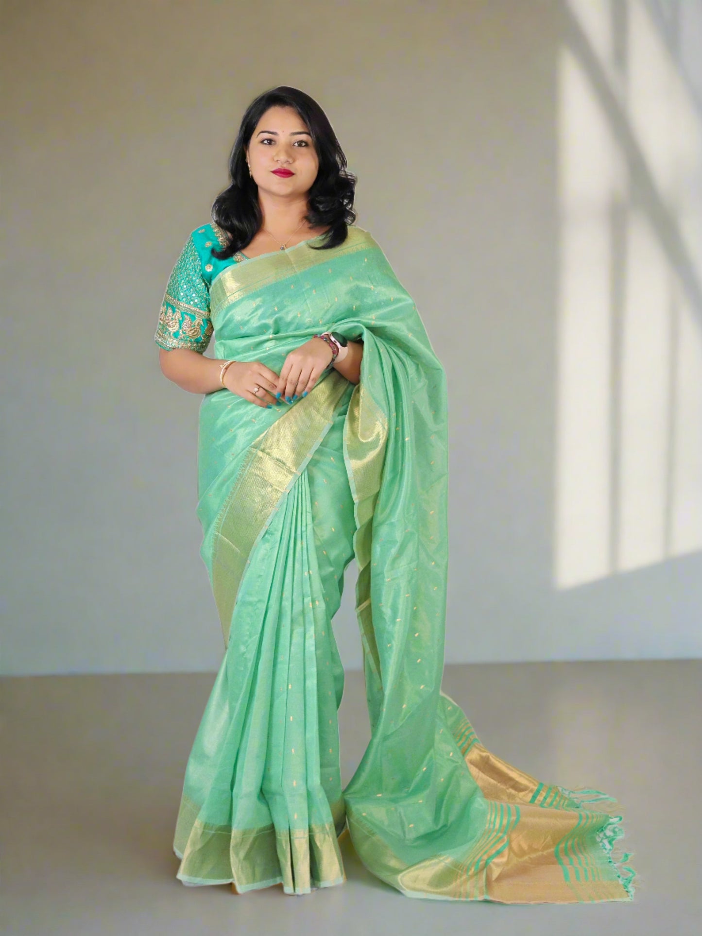 Soft Tissue Silk Saree with Small Butti Design, Embroidered Blouse up to Size 42 or Plain Silk Blouse