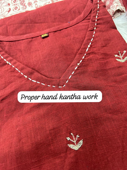 Cotton Slub Kurti with Hand Kantha Work, Pants and Cotton Silk Dupatta – Women’s Ethnic Set
