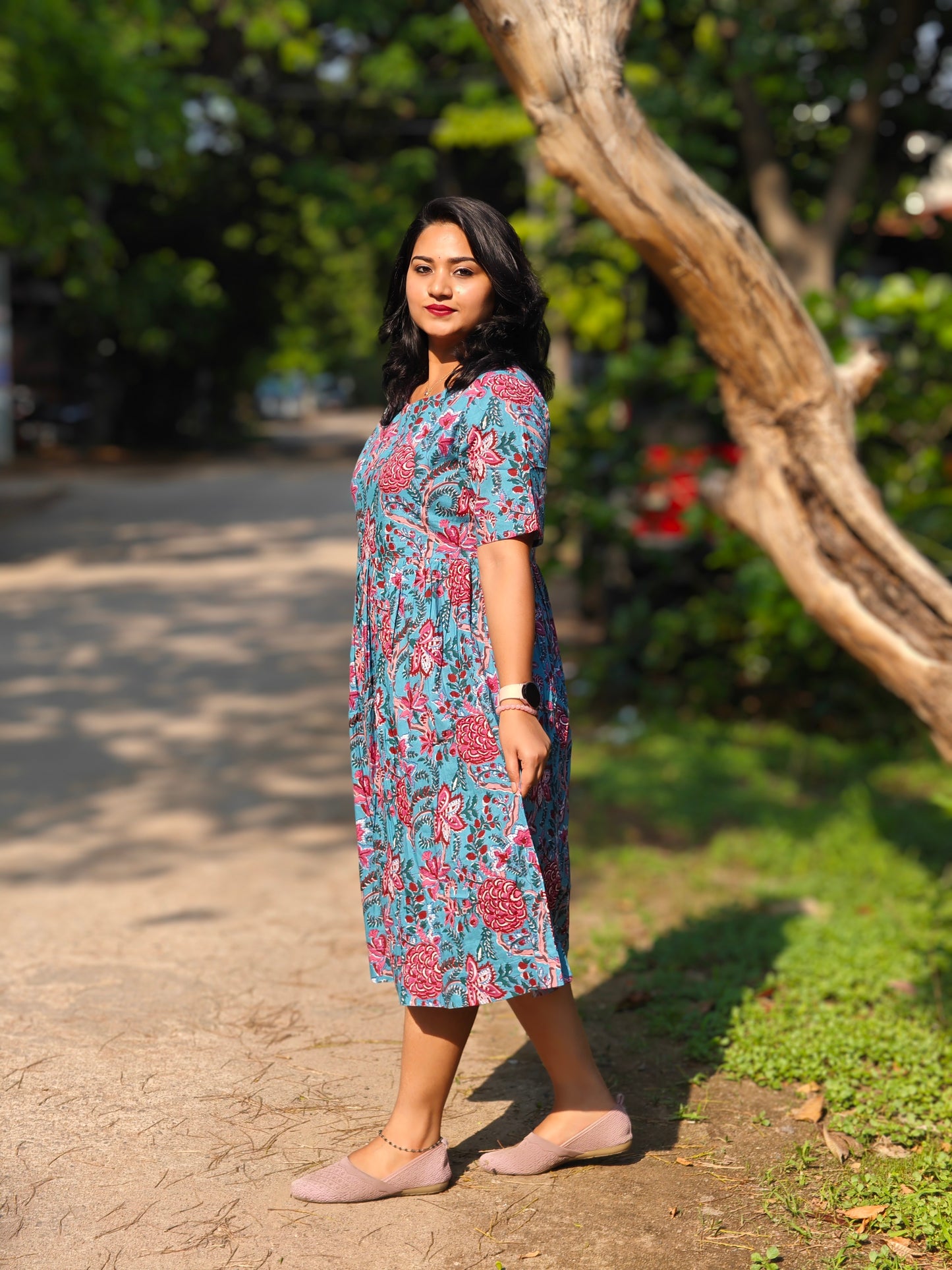 Cotton Floral Printed Flared Midi Dress for Women – Sizes S to 3XL