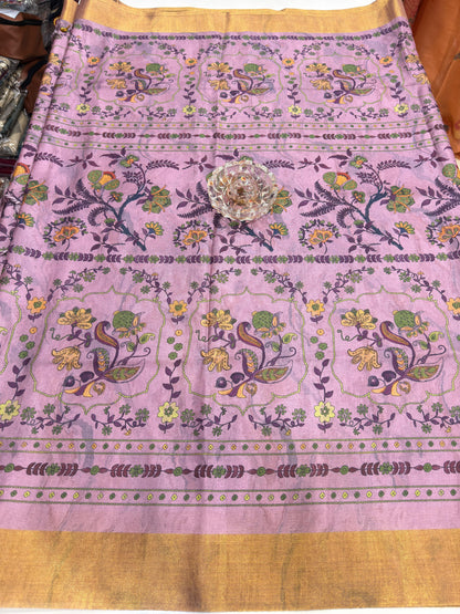 Soft Tussar Silk Printed Saree with Contrast Border, Tassels and Blouse for Women
