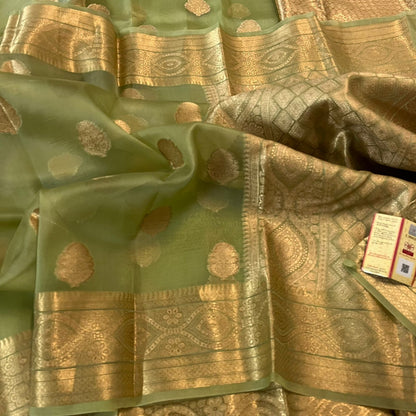 Banarasi Kora Organza Silk Saree with Golden Zari Weaving and Blouse Piece – Festive Wear