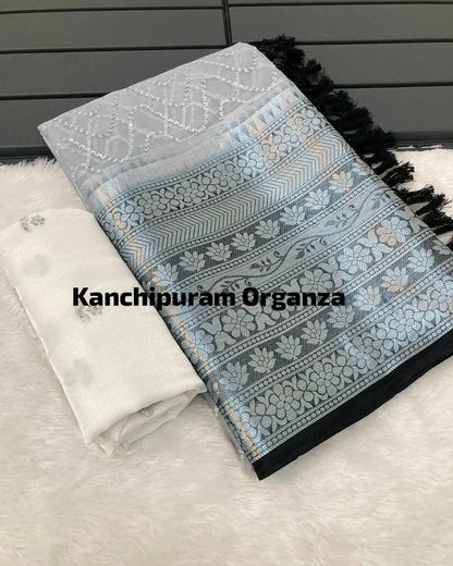 Kanchipuram Organza Saree with Viscose Thread Work and Satin Blouse for Women